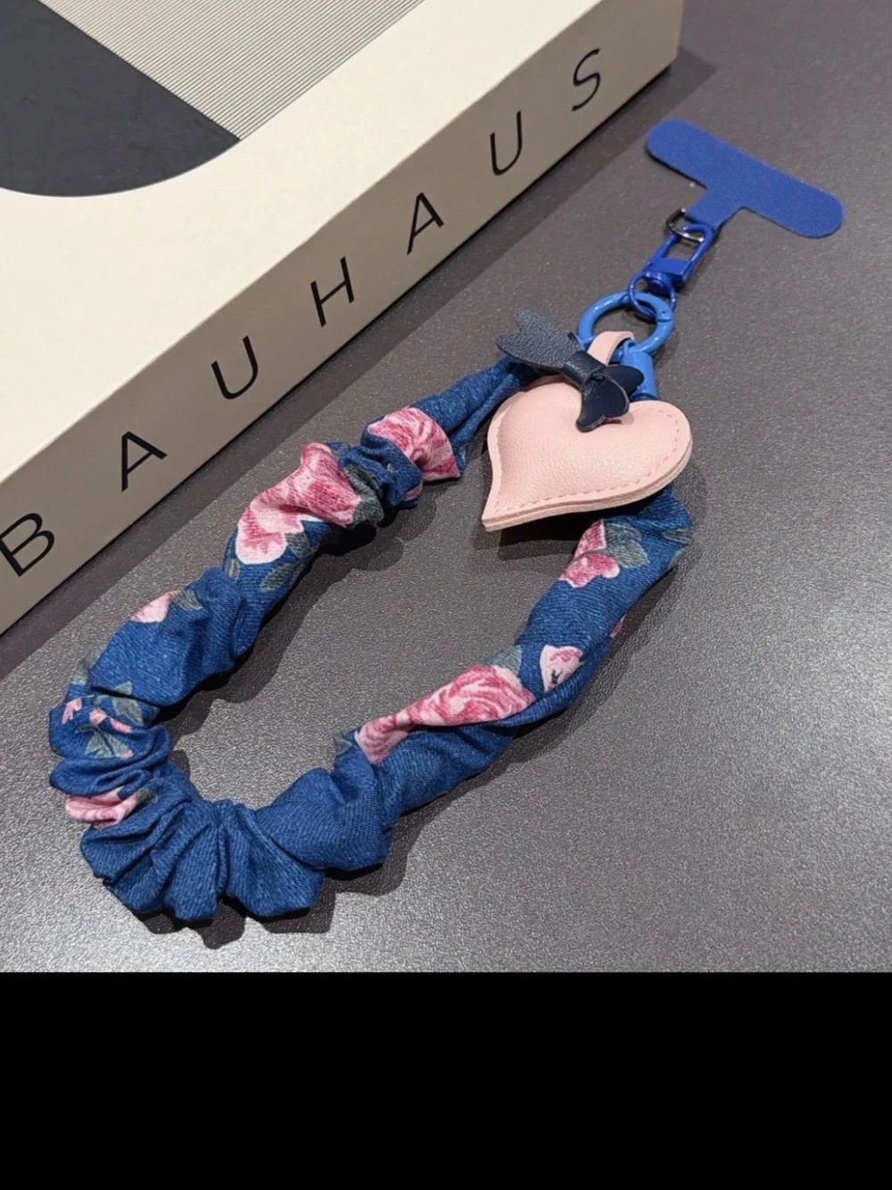 New- Blue Floral Scrunchie Lanyard with Pink Heart Charm